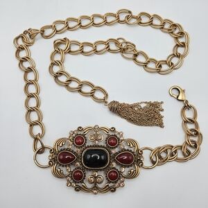 VINTAGE Chico's Gold Tone Large Beaded Cabochon Buckle Adjustable Chain Belt